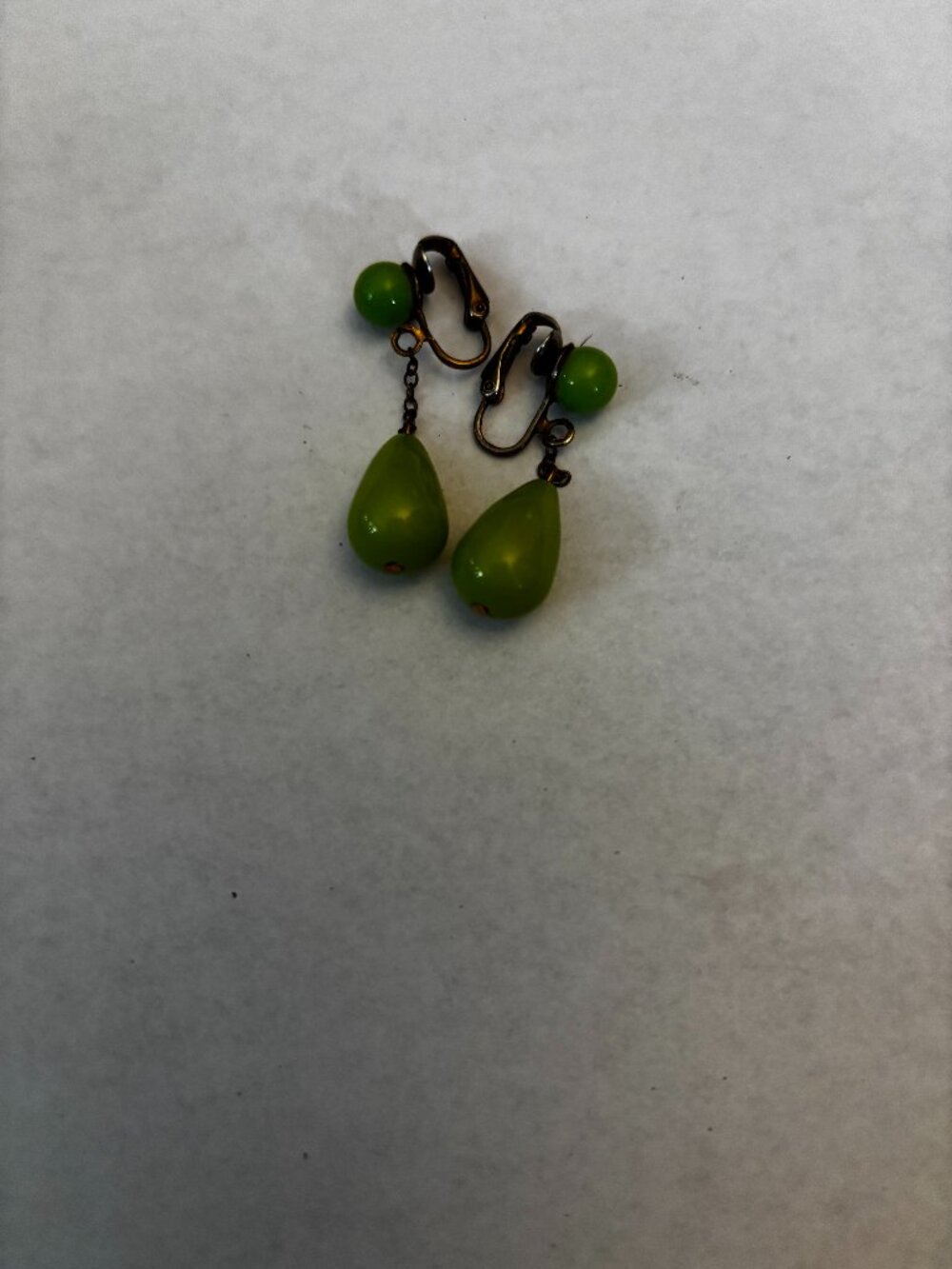 Clip on earrings gold tone olive green lucite teardrop dangles